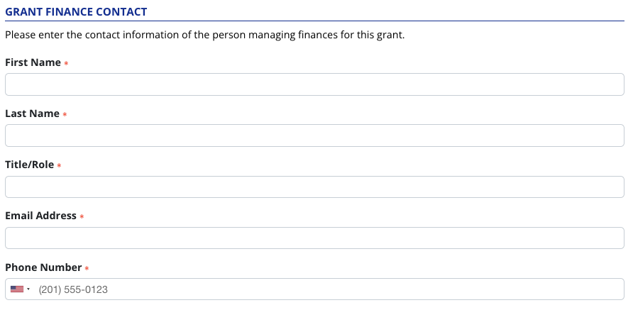 Form fields to collect name, title, email and role for the Grant Finance Contact