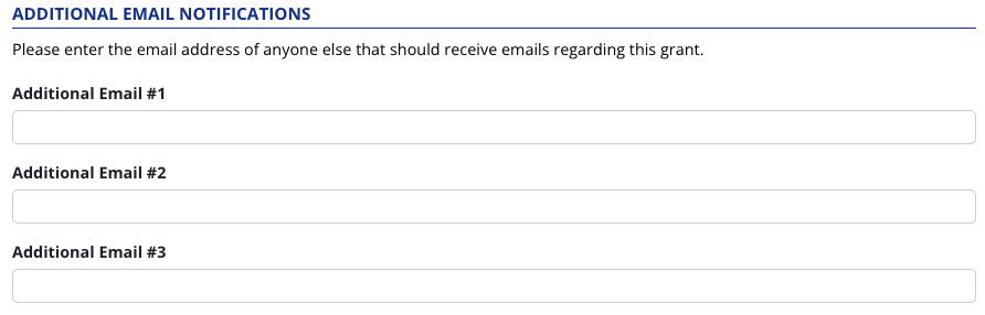 Image of the text boxes to enter additional email addresses for grant email notifications