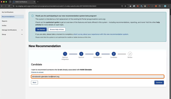 The candidate step with 'is not' chosen and a test email address typed into the free-form box