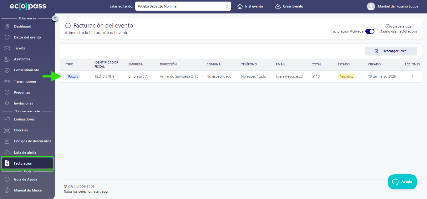 panel de facturación