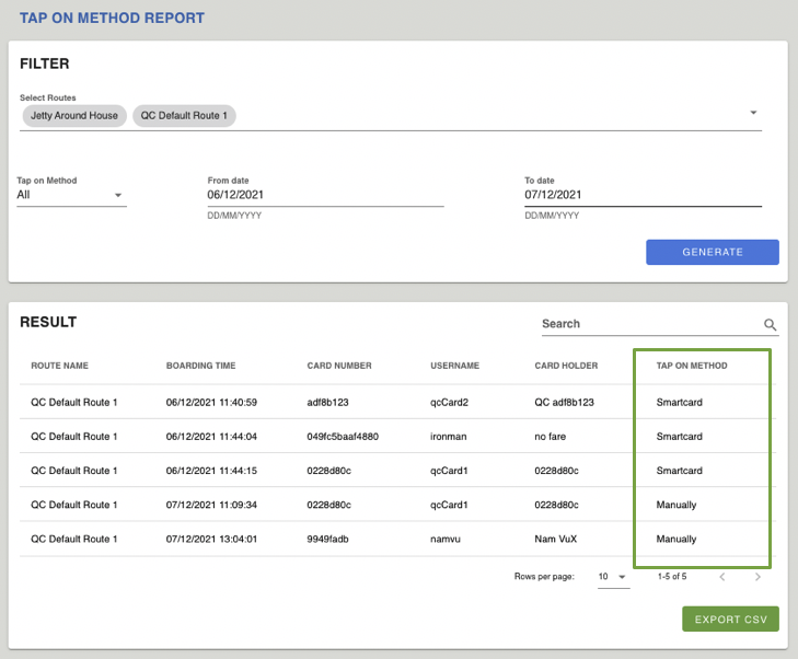 tap on method report example screenshot