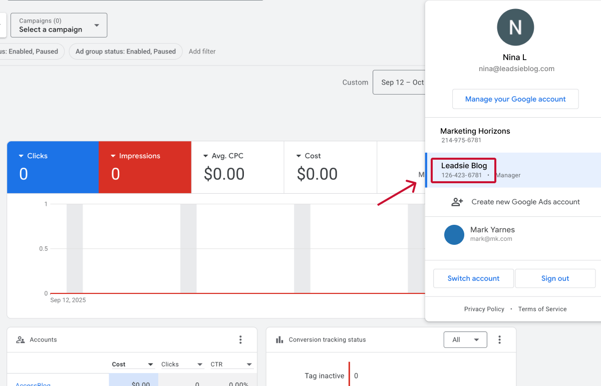 Find Google Ads account id in account settings