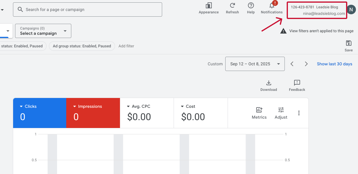 Find Google Ads account id in top right corner