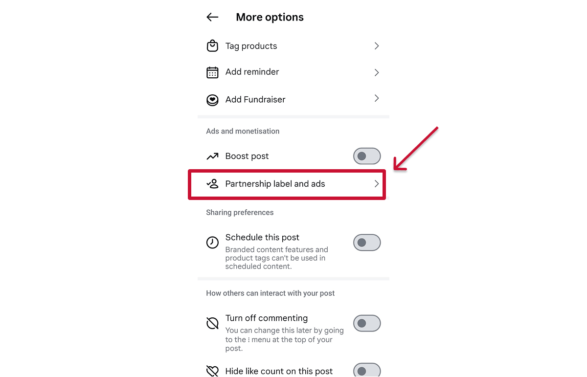 Instagram partnership label and ads for new post