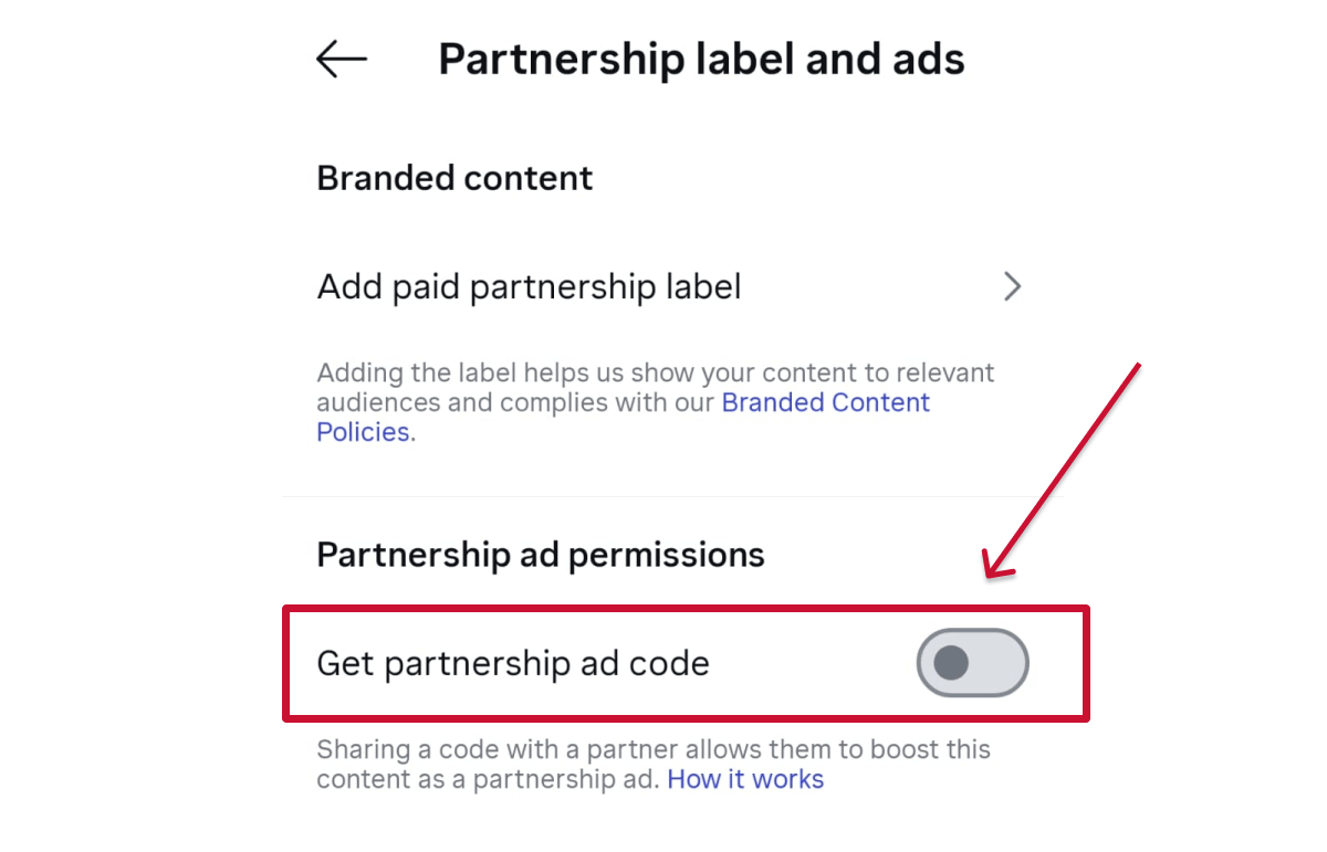 Instagram get partnership ad code toggle