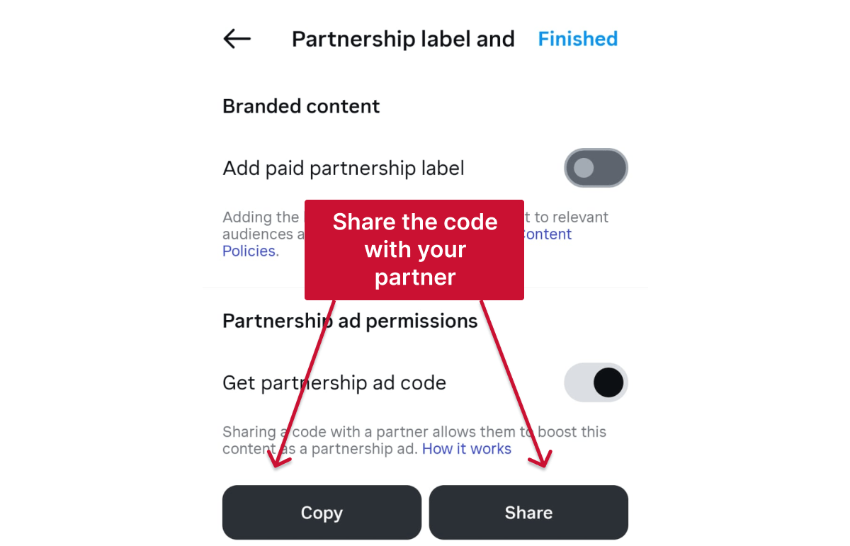 Instagram share partnership ad code options
