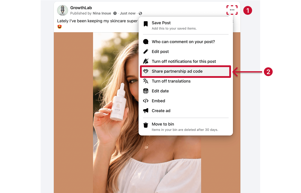 Facebook share partnership ad code menu