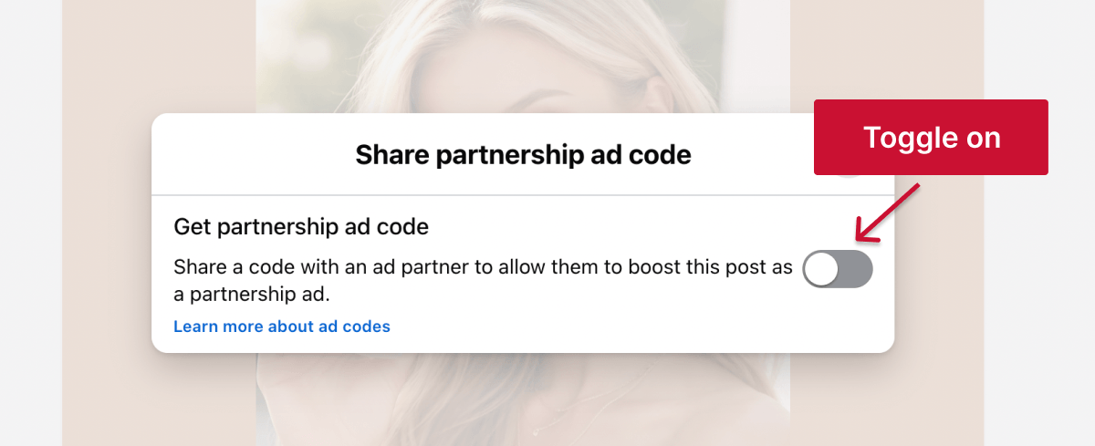 Facebook get partnership ad code toggle