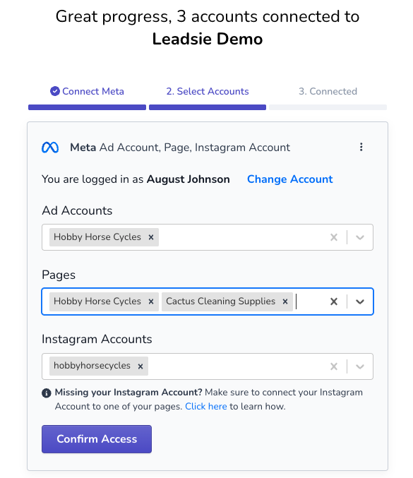 Leadsie Request Link select accounts page with accounts selected