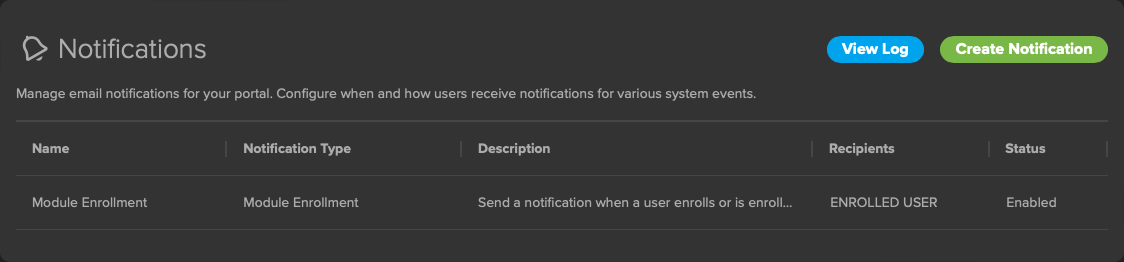 A screen grab showing a list of configured notifications and