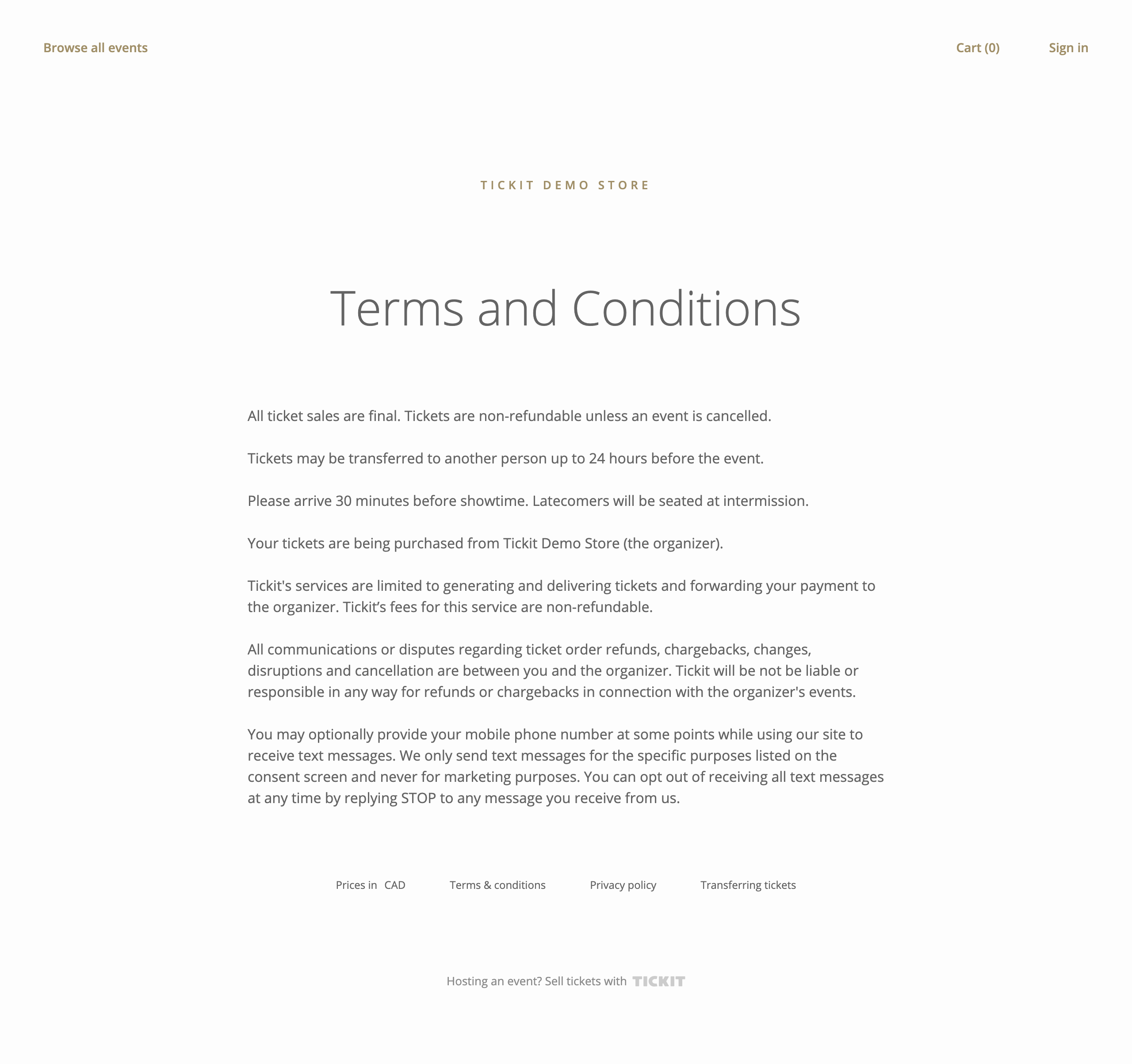 The terms page on the storefront