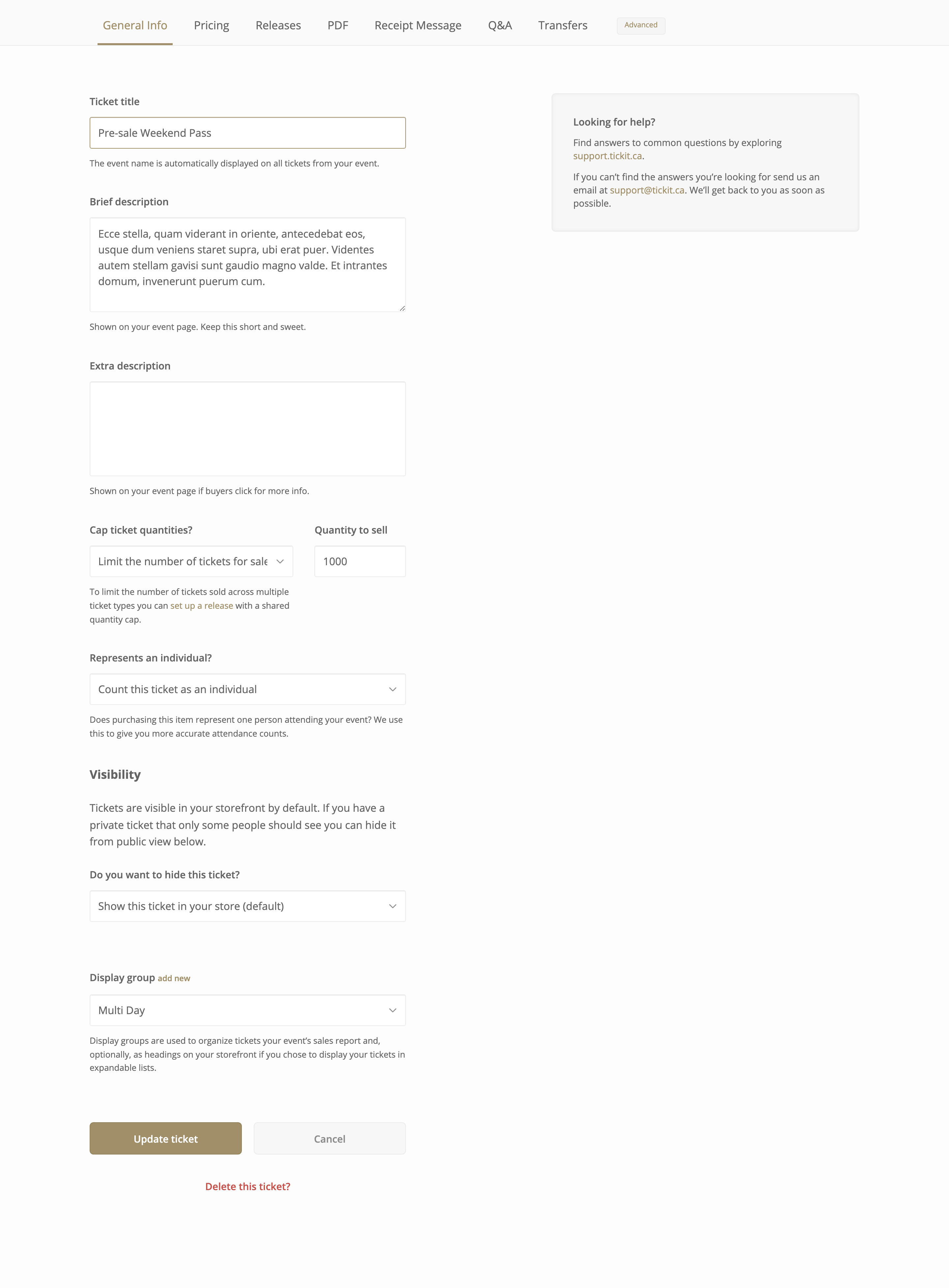 The General Info tab for a ticket