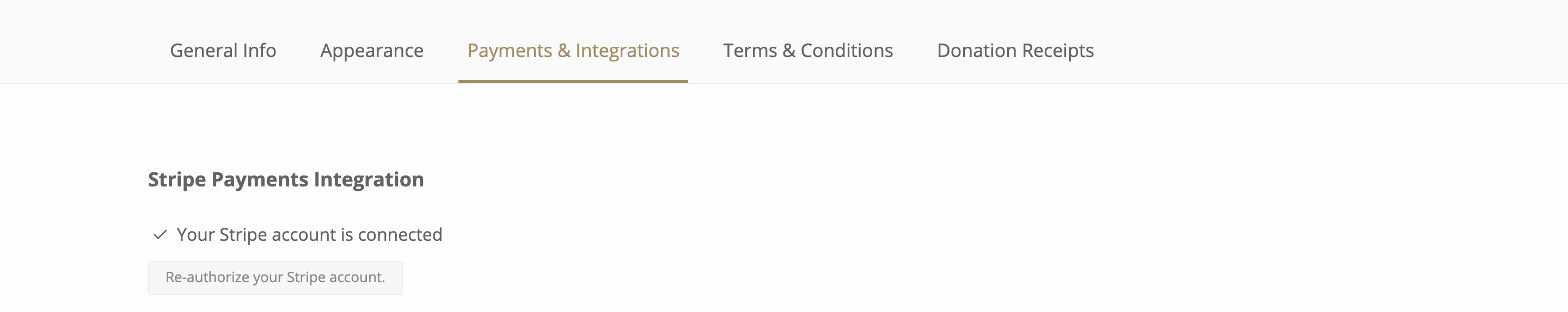 The Stripe panel in Settings, Payments and Integrations