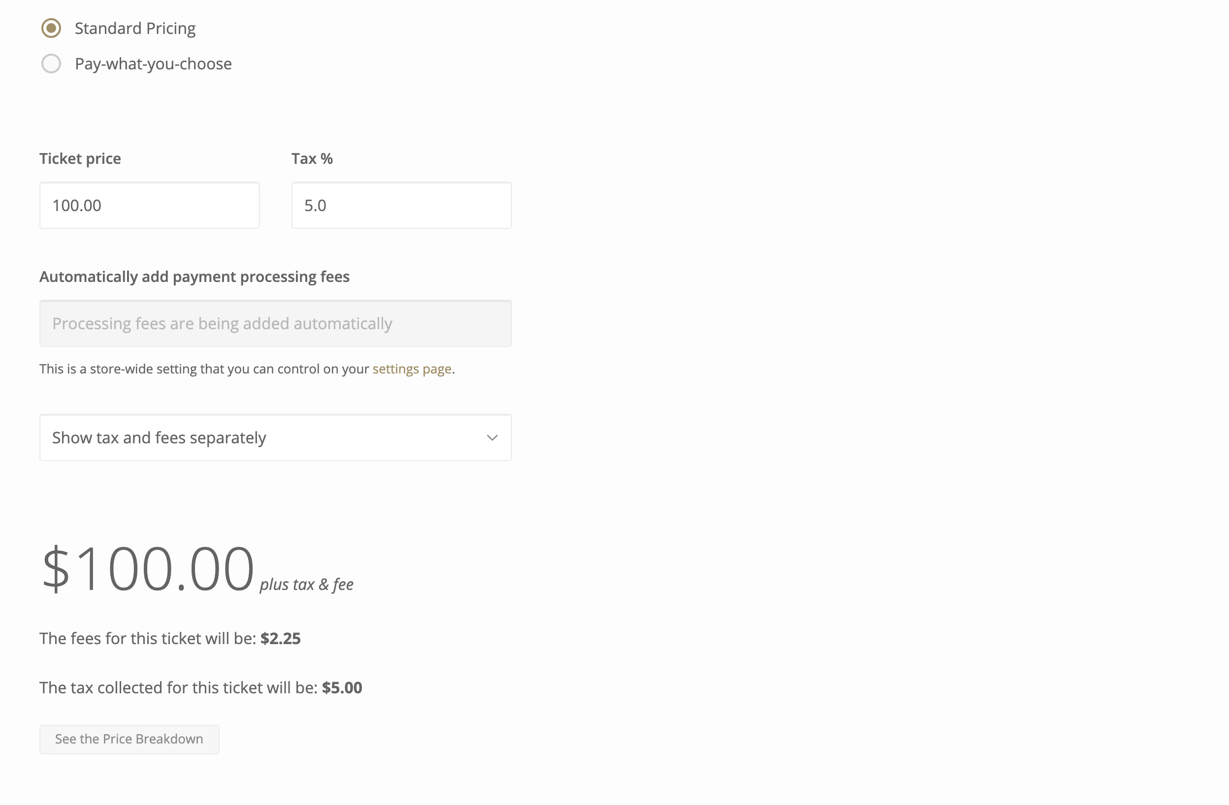 The Pricing tab in standard mode