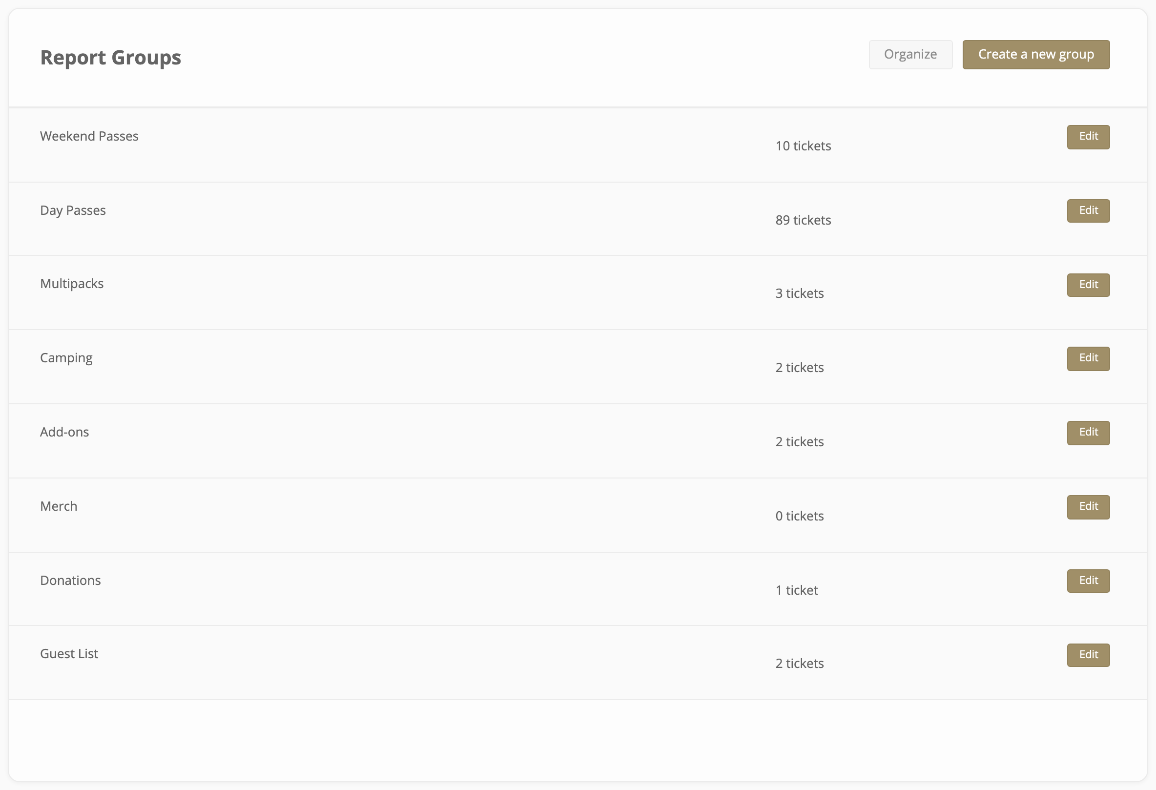 The Report Groups page, listing a store's groups and how many tickets are in each
