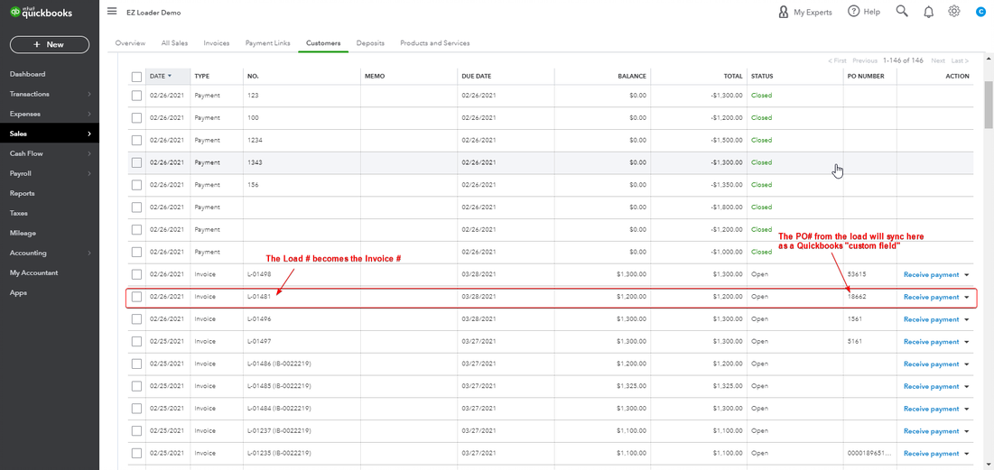 QBO Customer Invoice List Page