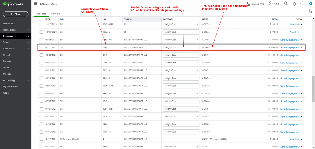 QBO Carrier Bill List