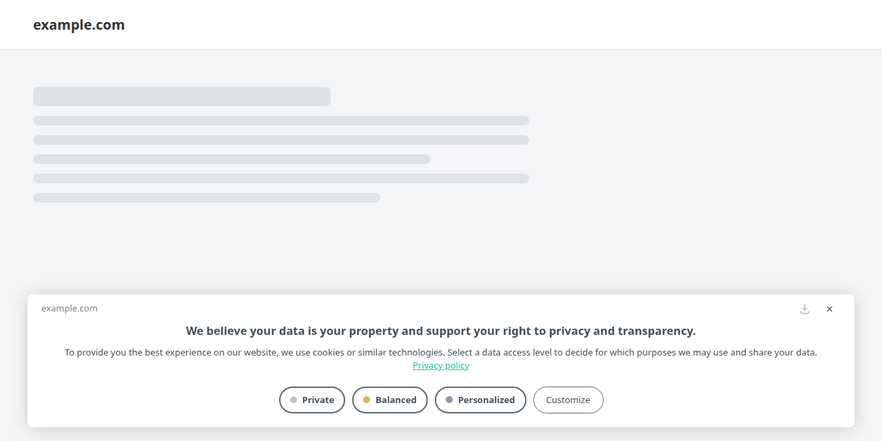 Cookie Compliance banner on the New engine (v2): heading, message, Privacy policy link, and the Private, Balanced and Personalized levels beside Customize