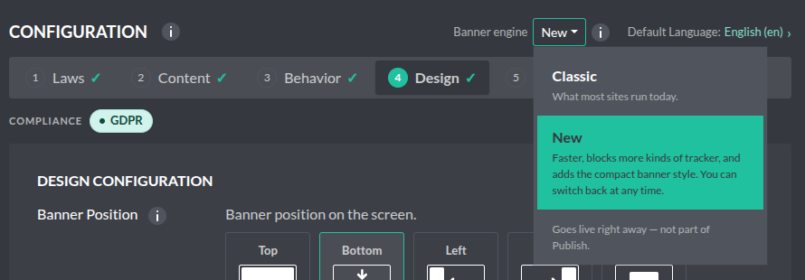 Admin Portal — Configuration header with the Banner engine dropdown open: Classic and New