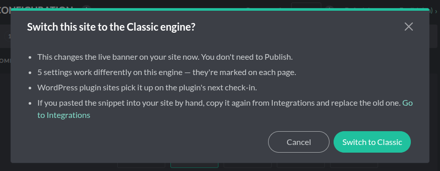 Admin Portal — confirm dialog for switching the banner engine
