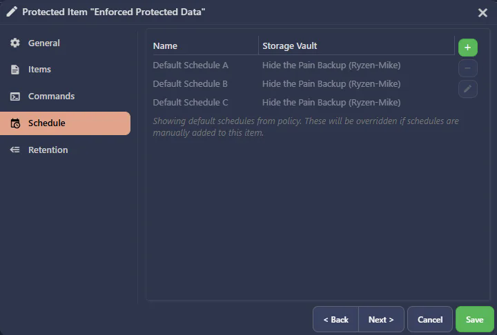 Protected Item Schedule tab showing greyed-out default schedules inherited from the policy