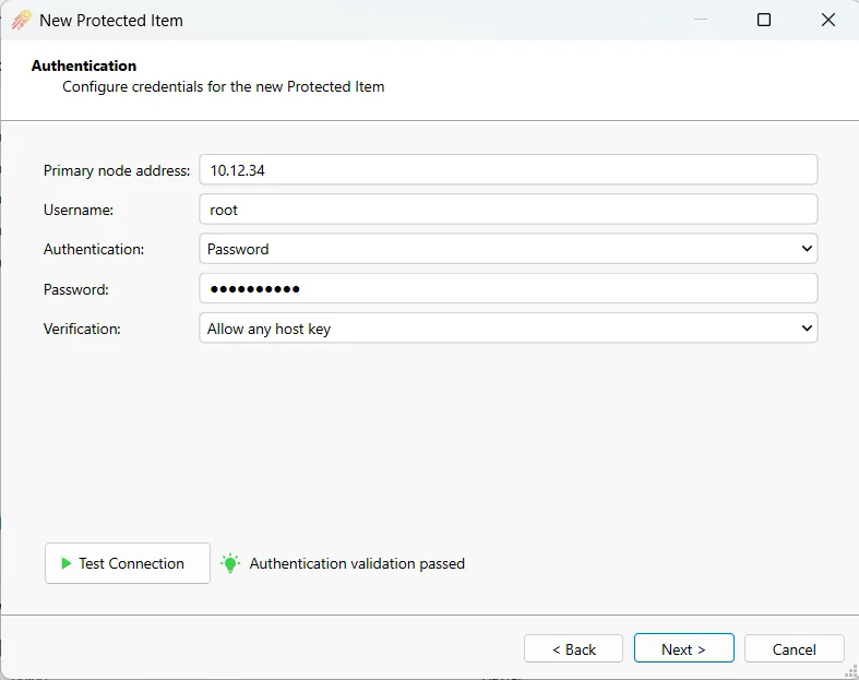 Proxmox Authentication page with primary node address, username, password and verification fields, after a successful Test Connection