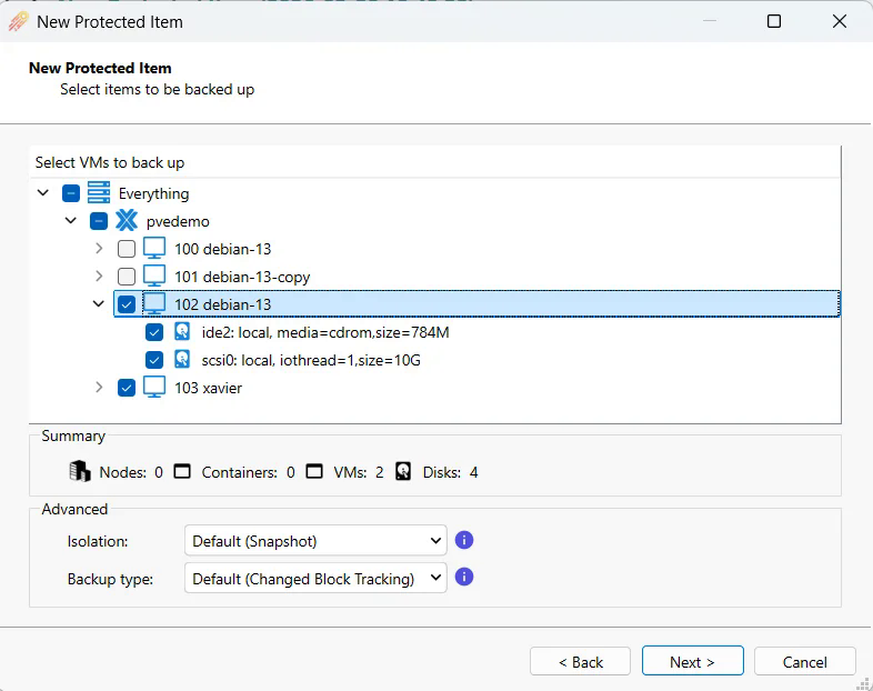 Select VMs to back up tree showing Proxmox nodes, virtual machines and disks, with the Advanced options below