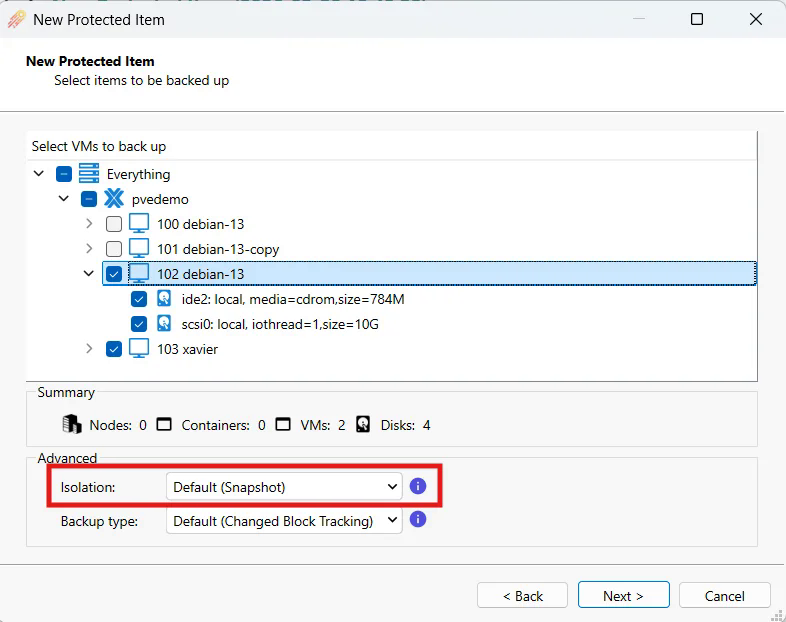 Select VMs to back up page with the Isolation setting highlighted