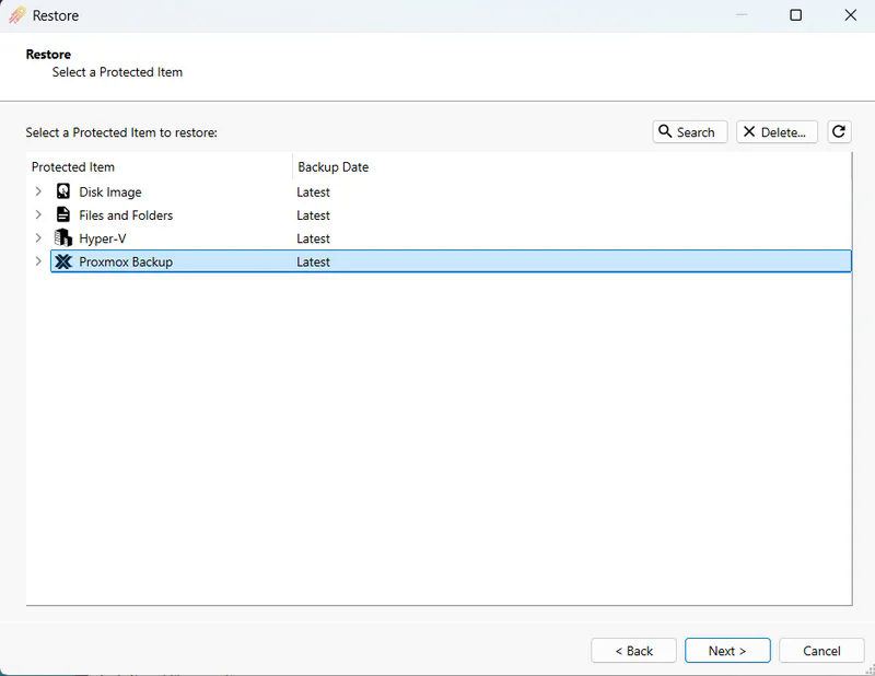 Restore wizard listing Protected Items with the Proxmox backup selected