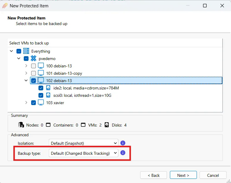 Select VMs to back up page with the Backup type setting highlighted