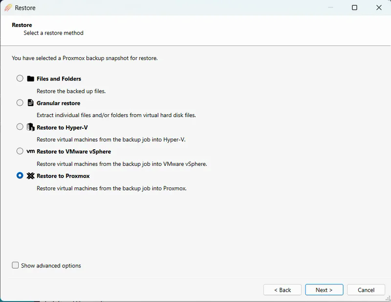 Restore method options with Restore to Proxmox selected