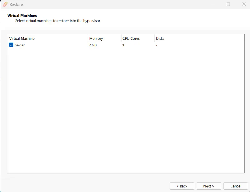 Virtual Machines list for choosing which VMs to restore into the hypervisor