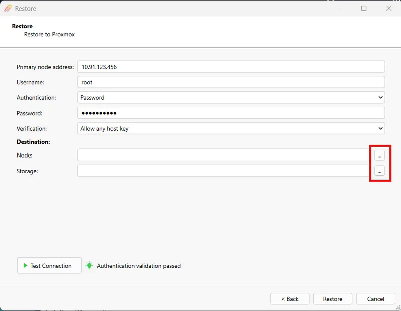 Restore to Proxmox page with the Node and Storage browse buttons highlighted