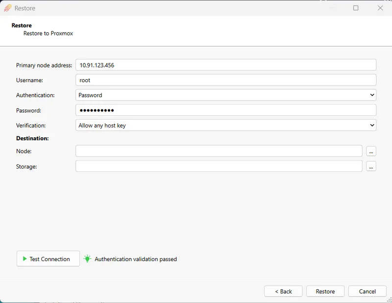Restore to Proxmox page with destination cluster credentials and empty Node and Storage fields