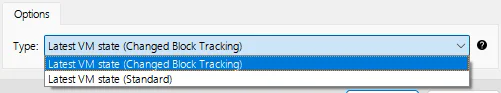 Backup type dropdown in a VMware Protected Item showing the Changed Block Tracking and Standard options