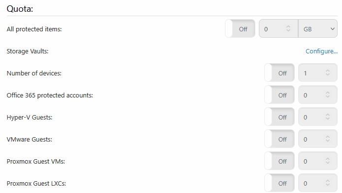 Quota section of the user Profile tab with toggles and limits for all protected items, number of devices, Office 365 accounts and VM guests