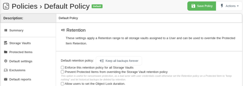Retention tab of the Default Policy in the Web Portal showing the default retention policy button and the enforce and prevent-override checkboxes