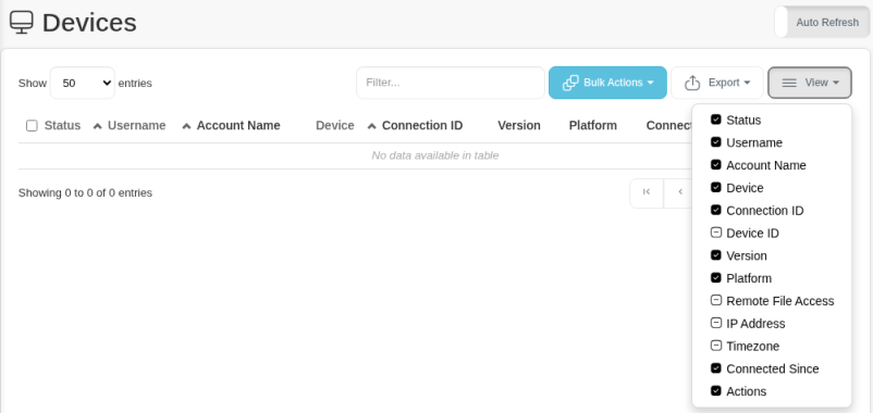 Devices page in the Web Portal with the View menu open, listing the columns you can show or hide