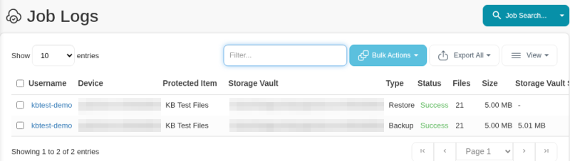 Job Logs page with a Restore job and a Backup job for the same Protected Item, both with status Success and 21 files
