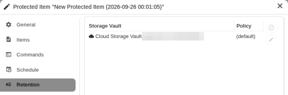 Retention tab of a Protected Item in the Web Portal, listing the cloud Storage Vault with the policy (default)