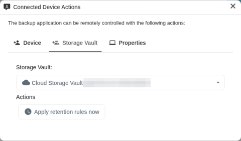 Storage Vault tab of the Connected Device Actions dialog with the vault list and the Apply retention rules now button