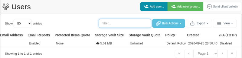 Users list in the Web Portal showing the Protected Items Quota, Storage Vault Size and Storage Vault Quota columns for a user with no limits set