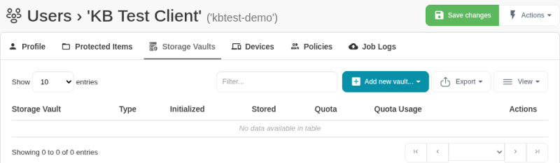 Storage Vaults tab of a user in the Web Portal with the Storage Vault, Type, Initialized, Stored, Quota, Quota Usage and Actions columns and the Add new vault button