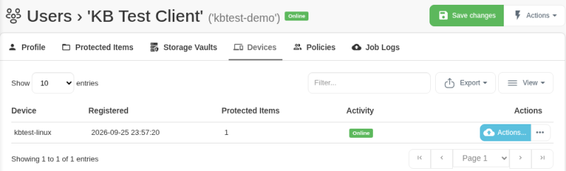 Devices tab of a user in the Web Portal with one online device, its Actions button and the ... menu button
