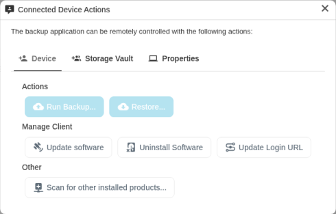 Connected Device Actions dialog on the Device tab with Run Backup, Restore, Update software, Uninstall Software, Update Login URL and Scan for other installed products