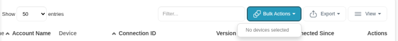 Bulk Actions menu open on the Devices page with no devices ticked, showing No devices selected
