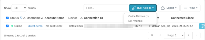 Devices page with one device ticked and the Bulk Actions menu showing Online Devices (1) and Not Available