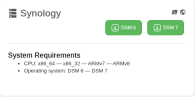 Synology panel on the Download backup agent page, with DSM 6 and DSM 7 buttons and the system requirements
