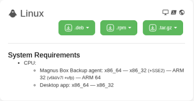 Linux panel on the Download backup agent page with the .deb, .rpm and .tar.gz buttons and the system requirements