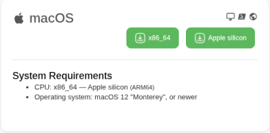 macOS panel on the Download backup agent page with the x86_64 and Apple silicon buttons and the system requirements
